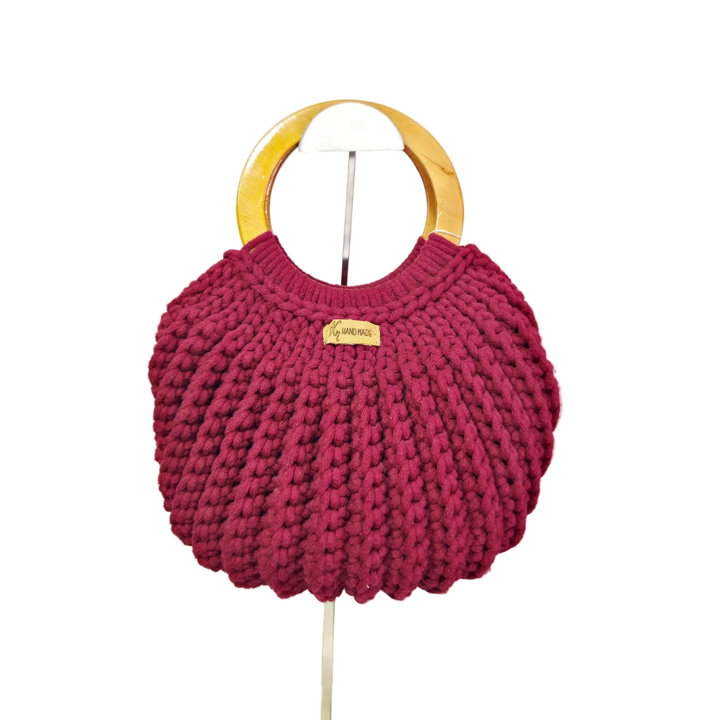 DAHLIA – Crochet Handbag with Wooden Handle (Deep Burgundy)