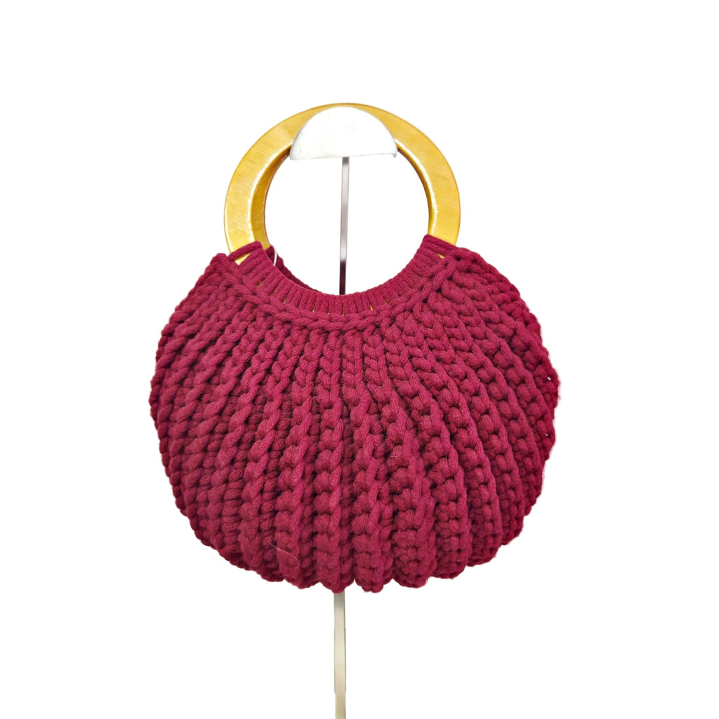 DAHLIA – Crochet Handbag with Wooden Handle (Deep Burgundy)