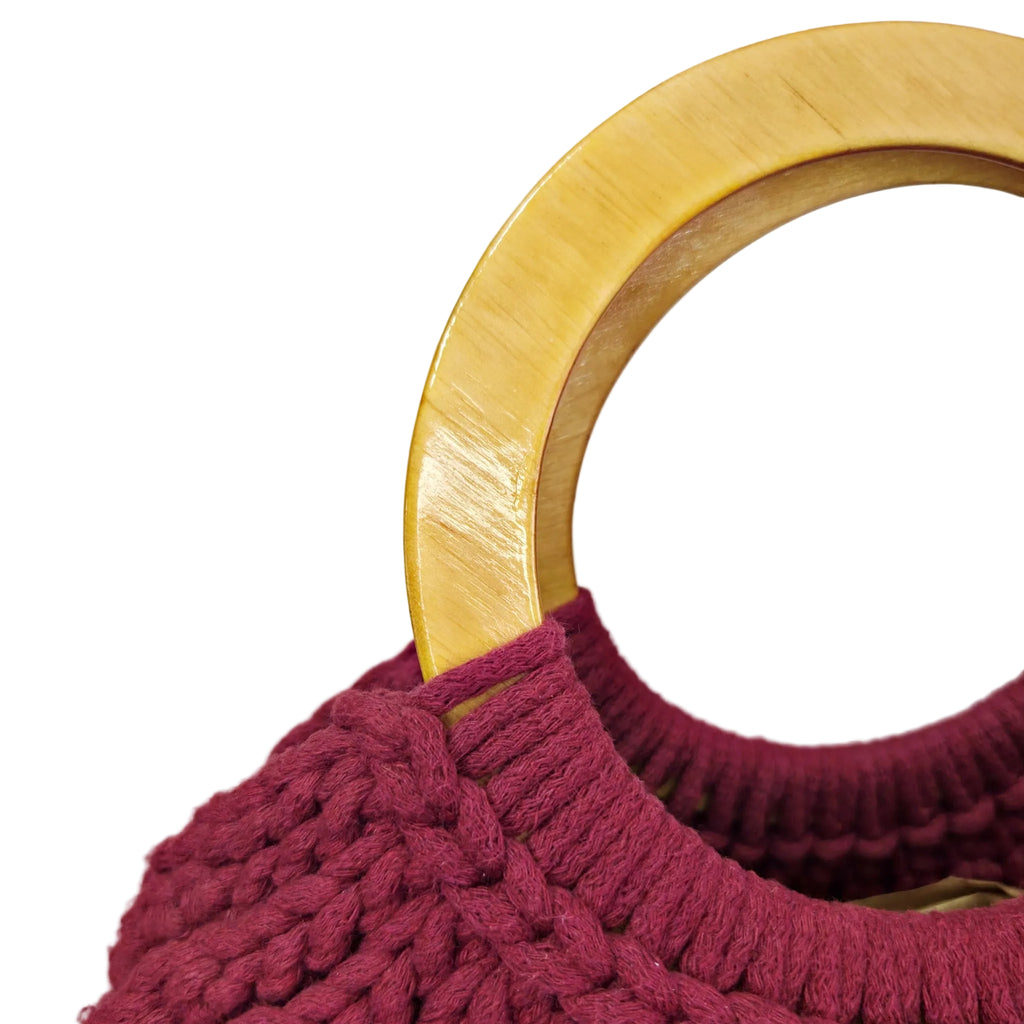 DAHLIA – Crochet Handbag with Wooden Handle (Deep Burgundy)